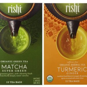 Rishi Organic Non-GMO Caffeine-Free Tea 2 Flavor Variety Bundle: (1) Organic Matcha Super Green Tea