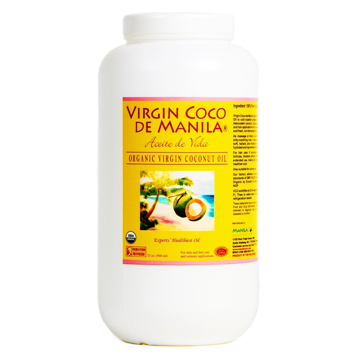 Organic 100% Virgin Coconut Oil - 32 oz (948 ml) Natural Skin/Hair Care : ZERO PRESERVATIVES