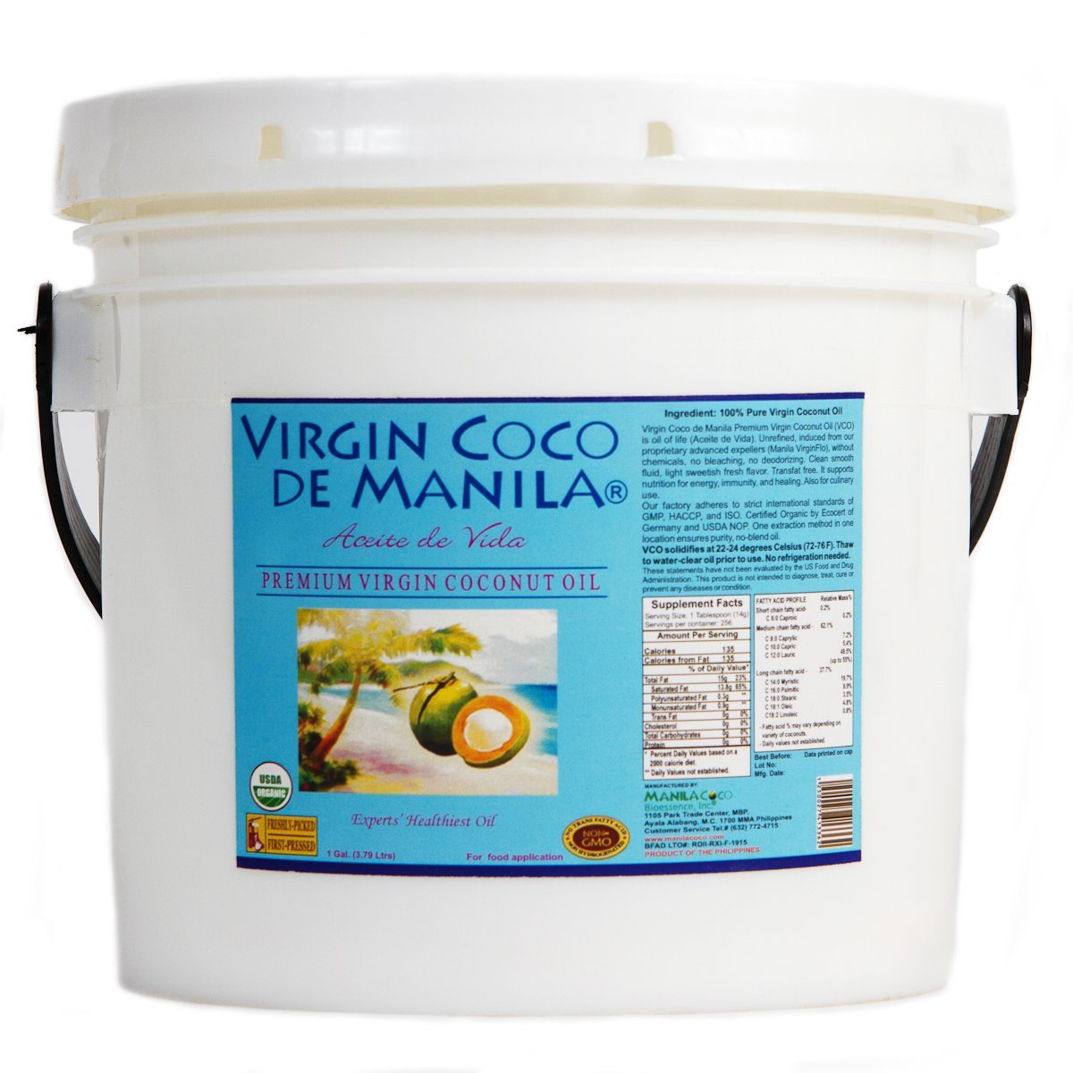 Organic 100% Virgin Coconut Oil - 1 Gallon (128 Oz / 3.79 Liters) Certified Organic