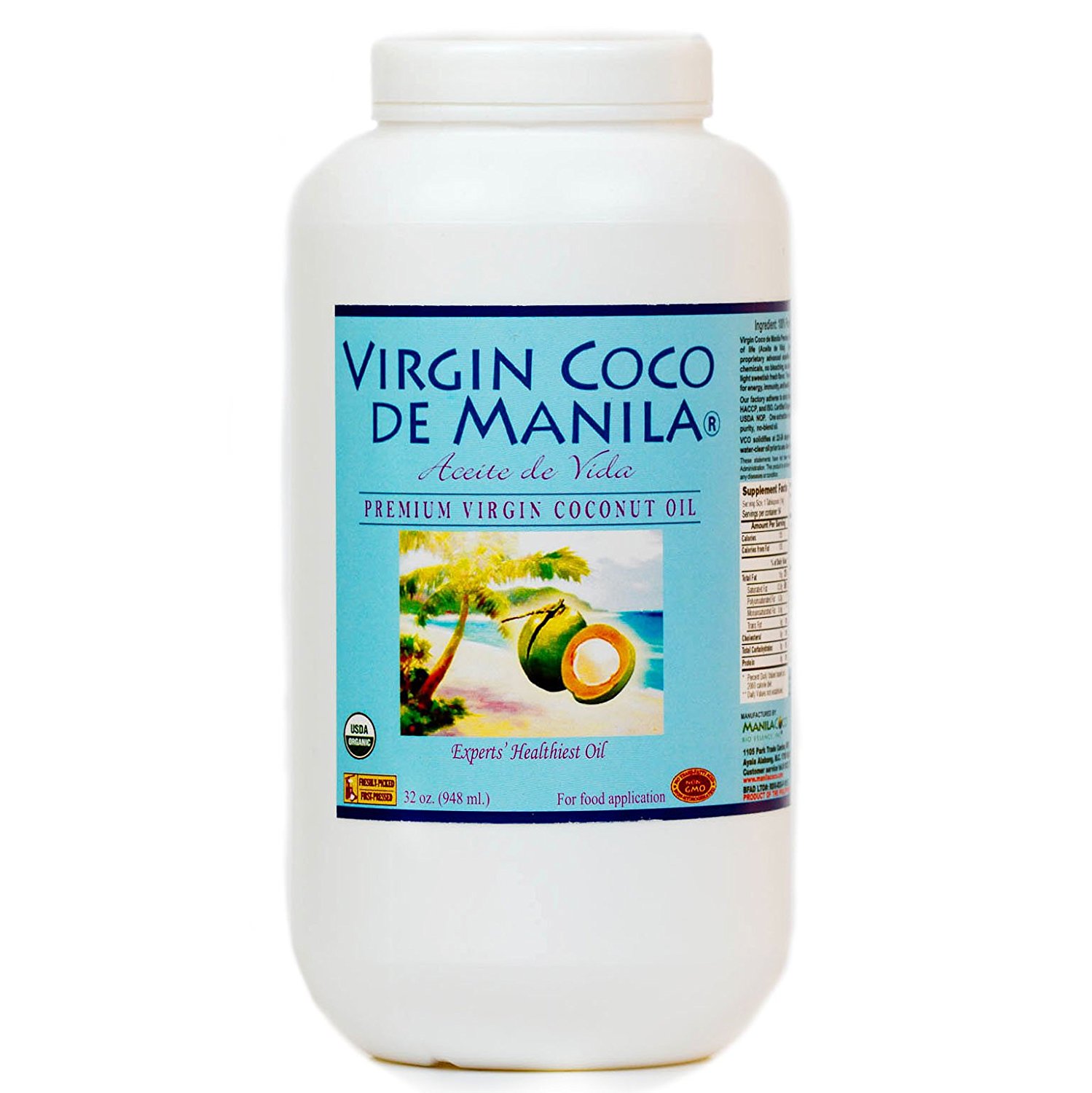 Organic 100% Virgin Coconut Oil Nutritional Supplement Direct Manila Coco - 1 Quart (32 Oz / 948 ml) Clean Fresh Flavor : Better Anti-Rancid Shield (Blanched Dry-desiccated Raw Material & Cold Expeller Pressed)